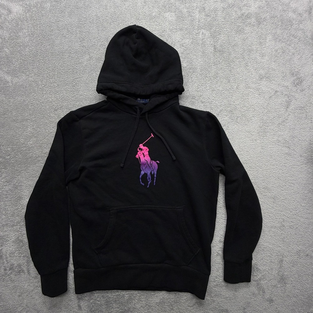 Polo Ralph Lauren Hoodie Mens Small Black Pullover Hooded Graphic Fleece Lined